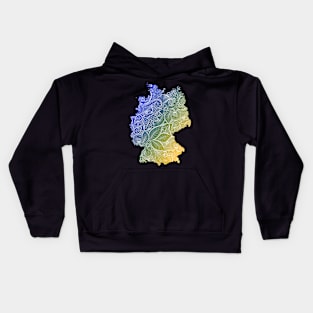 Colorful mandala art map of Germany with text in blue and yellow Kids Hoodie